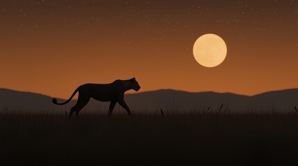 Wildlife Serengeti Landscape wild animals natural habitat concept. A silhouette of a wild cat walking against a vibrant sunset sky, with a large moon illuminating the landscape.
