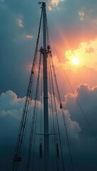 Obraz premium Mysterious mast swaying in misty sky with sundog, ropes, clouds