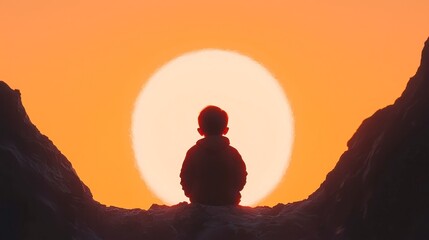 Child's silhouette with an enchanting portal, evoking wonder and imagination, surrounded by open space, inviting exploration and adventure in a whimsical setting