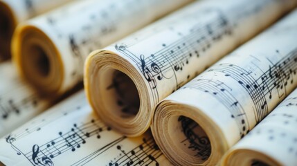 Rolled sheets of classical music notation displaying printed manuscript