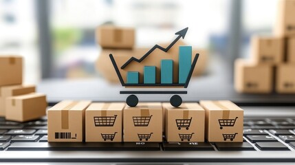 E-commerce growth concept with shopping cart and packages