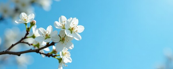 A small branch with tiny white flowers in full bloom against a blue sky backdrop, small branch,