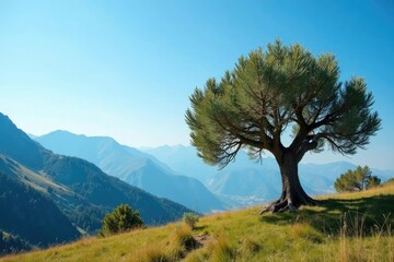Obraz premium Olive tree against blue sky background with pine branches, alps, wilderness, olive tree