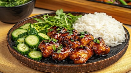 Fototapeta premium A sizzling, golden-brown Chicken served alongside a refreshing cucumber salad and steamed white rice