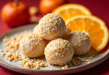 Close up Chinese Hong Kong style dim sum sesame balls
