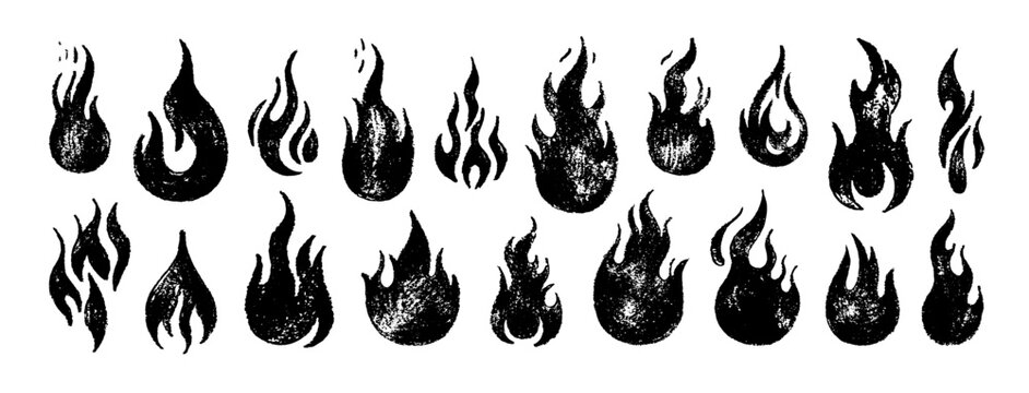 Fire flame icon. Brush grunge illustration. Crayon vector paint logo. Graphic background. Spray fire symbol. Doodle y2k flame. Hot crayon texture grafitti. Heat shape, abstract stroke, sketch tattoo