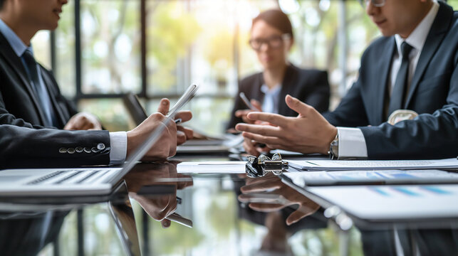A group of business team are sitting around a table having a meeting