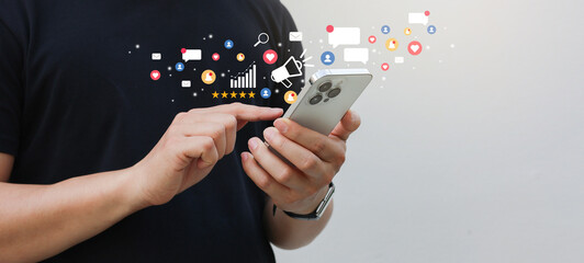 close up businessman hand use smartphone to work about futuristic of social media and business on online marketing with icon for internet network technology and business concept