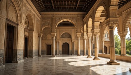 Fototapeta premium Majestic architectural design featuring arched columns, ornate patterns, and sunlight casting shadows in a serene courtyard