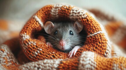 Adorable rat snuggled in cozy orange blanket