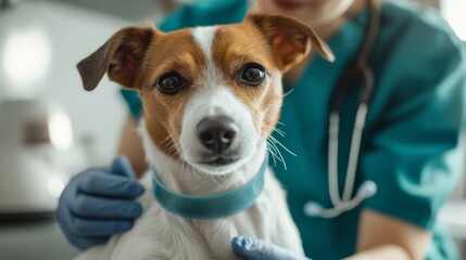 Jack russell terrier at veterinary clinic with medical professional in scrubs