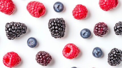 Colorful raspberries, blackberries, and blueberries pattern on white background