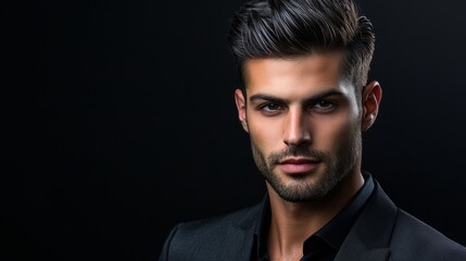 Obraz premium Confident young adult male with stylish hair and beard in black suit on dark background