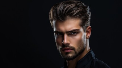 Fototapeta premium Intense young male with beard in dark setting