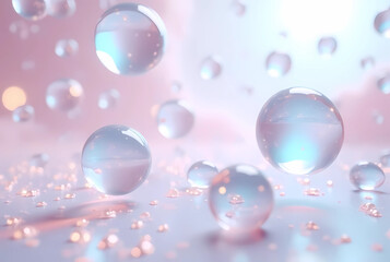 3D-rendered glossy bubbles floating in a dreamy pastel environment, a soft and futuristic look