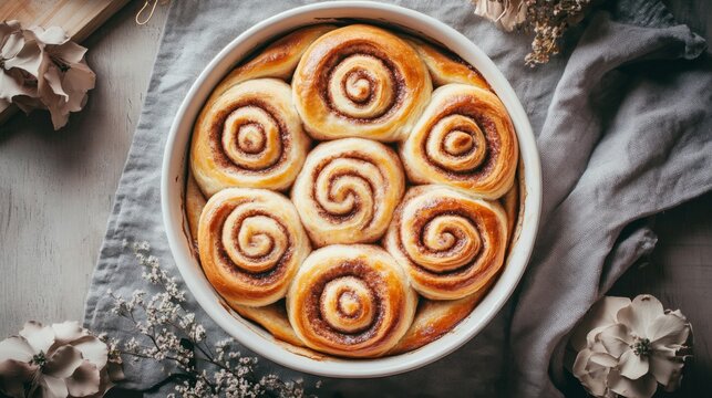 Freshly baked cinnamon rolls in round pan with rustic decor