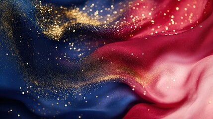 Elegant Deep Red and Navy Blue Fabric Composition with Gold Sparkles, High-End Atmosphere, Close-Up, Luxurious Design