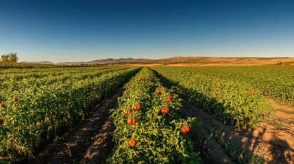 Fototapeta premium A vibrant tomato farm with rows of lush green plants bearing ripe red tomatoes, bathed in warm sunlight under a clear blue sky.