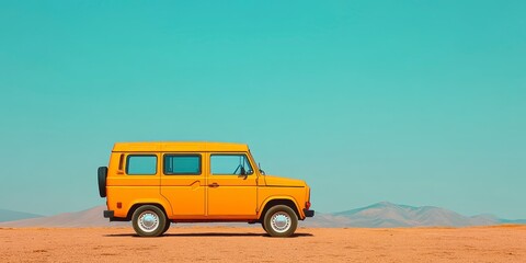 Pixelated yellow vehicle parked on a desert landscape against a clear sky. Pixel art design showing a small vehicle with visible pixel structure and