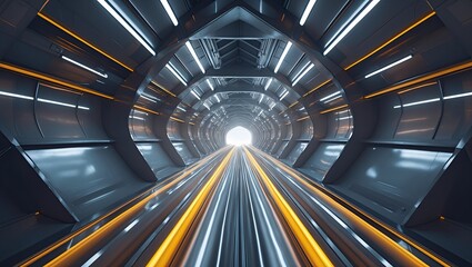 Futuristic tunnel with glowing lines leading towards a bright light, showcasing a sleek metallic design and a dynamic perspective