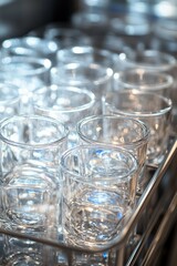 Glasses arranged in a metal rack.