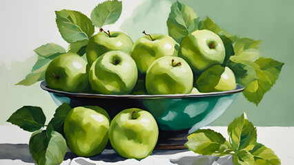 Fresh green apples accompanied by mint leaves
