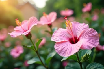 Pastel pink hibiscus flowers bloom in a serene garden, pink flowers, flower field, floral arrangement