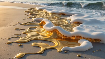 Obraz premium Golden foamy waves washing ashore on a tranquil sandy beach at sunset, reflecting warm hues
