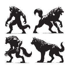 Eerie Werewolf silhouette with razor-sharp claws raised - Werewolf illustration - Minimalist Werewolf vector - Mythical creature silhouette
