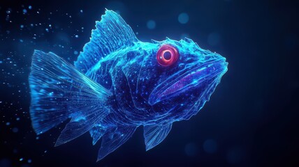 A vibrant, digital representation of a fish, highlighted with glowing elements, showcasing a captivating underwater theme.