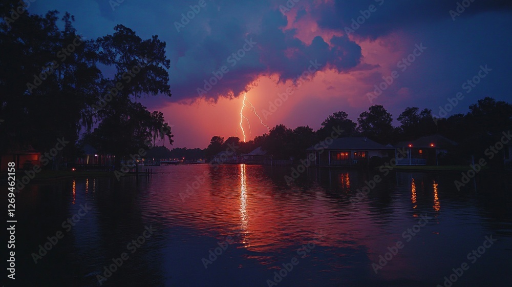 Poster bright, jagged forks of lightning cascade from dark clouds, lighting up the night sky above a serene