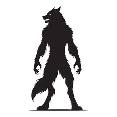 Intimidating Werewolf silhouette with thick fur and glowing eyes - Werewolf illustration - Minimalist Werewolf vector - Mythical creature silhouette
