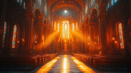 Fototapeta premium Interior of a grand church, with sunlight streaming through stained glass windows illuminating rows of pews