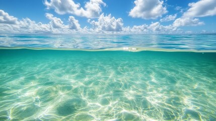 Fototapeta premium Clear turquoise ocean water under blue sky with sunlit clouds