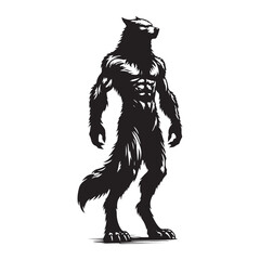 Lone Werewolf silhouette standing tall in the dead of night - Werewolf illustration - Minimalist Werewolf vector - Mythical creature silhouette
