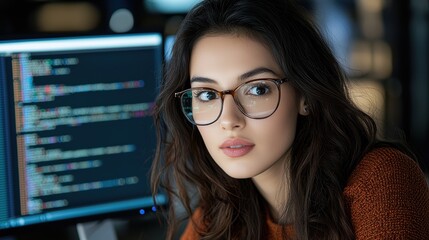 Young woman with glasses working on coding project in a modern office environment, focused on computer screen