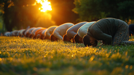Islamic worshippers bowing in prayer during Eid al-Fitr in an open field