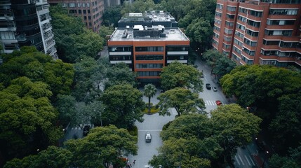 Fototapeta premium Modern city street surrounded by lush green trees and residential buildings captured from a high angle during daytime.