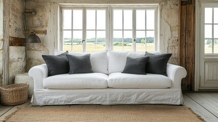 Fototapeta premium White sofa, rustic room, window view, country landscape, home decor