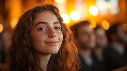 Jewish bar mitzvah celebration in a synagogue, with friends and family gathered in support