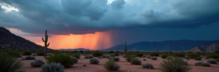 The Arizona desert is shrouded in a thick layer of grey monsoon clouds at dusk, grey skies, desert landscape