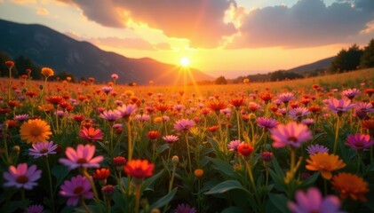 Fototapeta premium The golden light of dawn illuminates a sea of wildflowers, flowers, sunrise