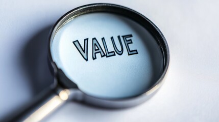 Magnifying glass focusing on value text close-up in monochrome