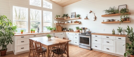 Modern kitchen interior with dining table chairs and window in an accessory dwelling unit tiny house