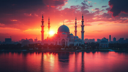 Naklejka premium Magnificent mosque at sunset, with its minarets silhouetted against a vibrant sky