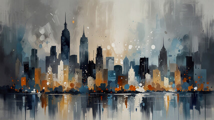 Obraz premium artist's painting, modern abstract art, calm colors, clear lines, city landscape in a minimalist style, colors white, gray, beige, black, blue