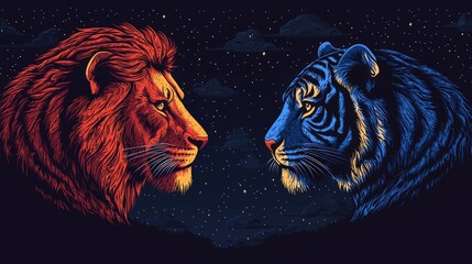 Fiery Lion and Tiger Faces in a Night Sky with Stars and Clouds