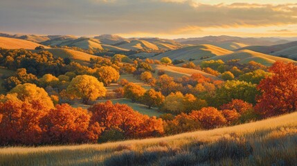 Golden Hour Splendor, Autumnal Hues on Rolling Hills at Dusk Serenity