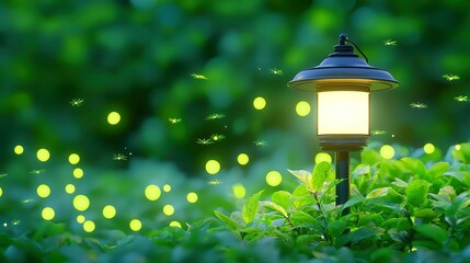 Enchanting Street Lamp Surrounded by Glowing Fireflies, a serene urban scene illuminated by warm light, evoking a sense of magic and tranquility in the evening air