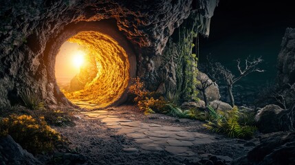 A sacred portal hidden within an ancient rock formation, glowing with wisdom.